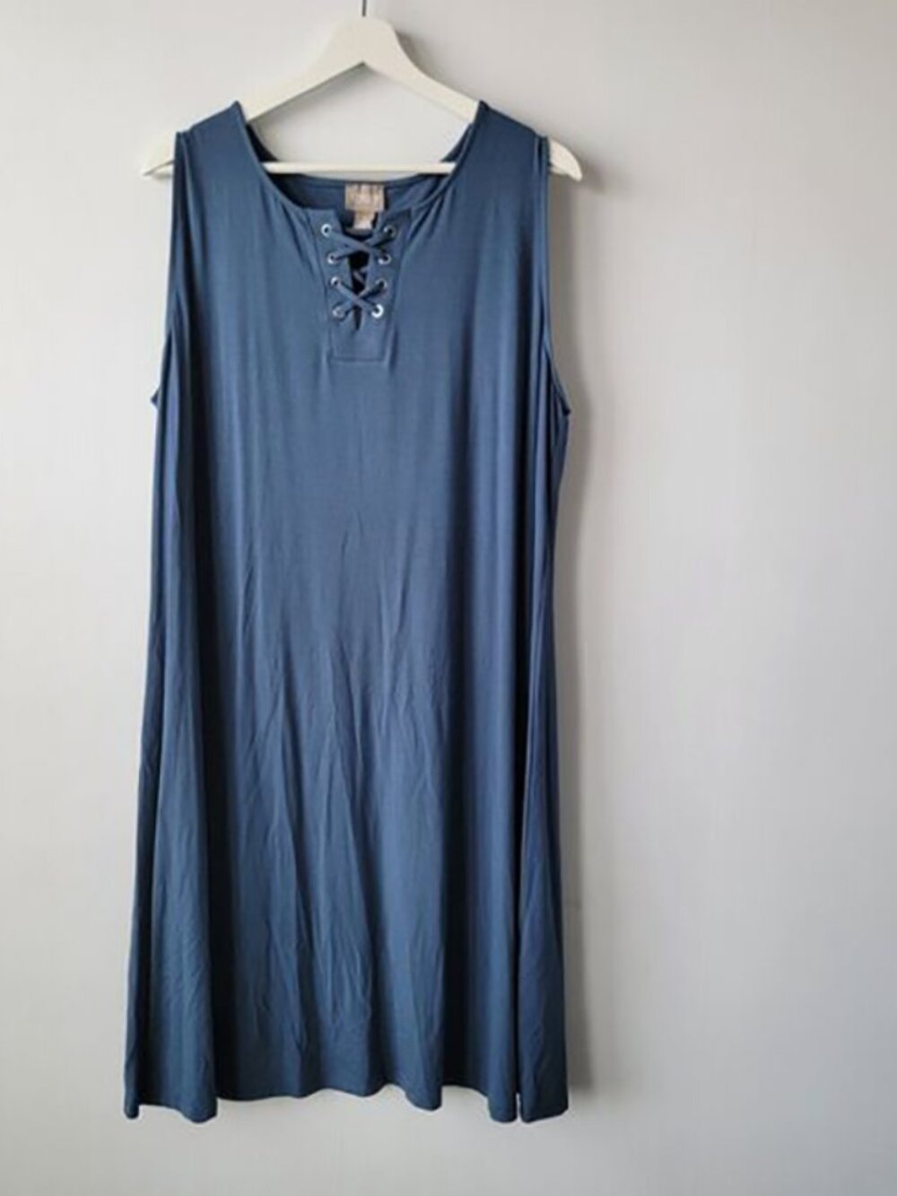 Chicos Womens Lace Up Shelley Dress sz XL Sleeveless Jersey Colonial Coast Blue